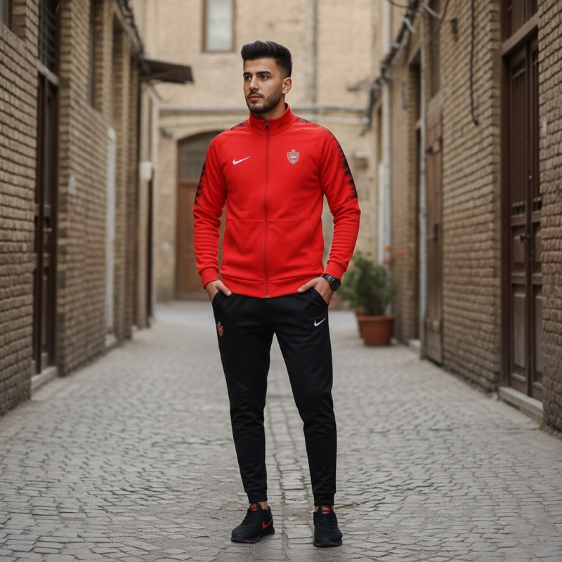 پکیج ست سوییشرت شلوار پرسپولیس مردانه مدلJ92 کفش ورزشی مردانه Nike مدل Tigo زیره قرمز